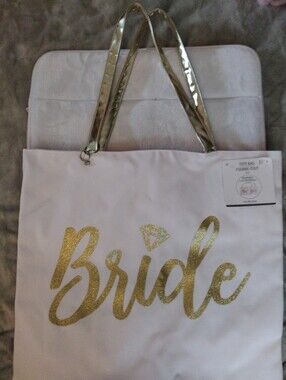 Reverseable Bride Tote Bag in White with Gold Glitter Accents Other Side  Pink